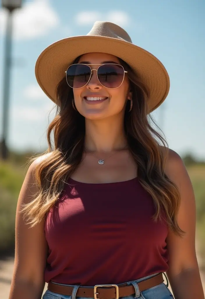 25 Burgundy Top Outfit Styling Tips To Wear With Confidence - 13. Add a Wide-Brim Hat