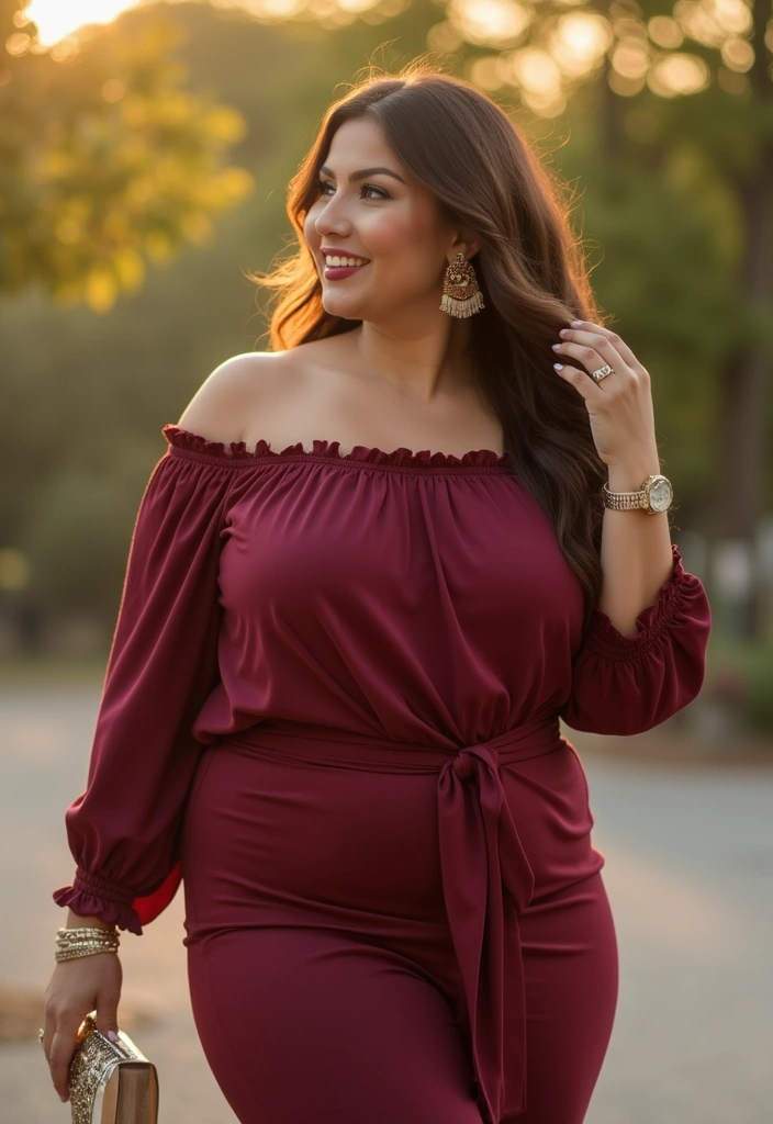 25 Burgundy Top Outfit Styling Tips To Wear With Confidence - 20. Try Off-the-Shoulder Styles