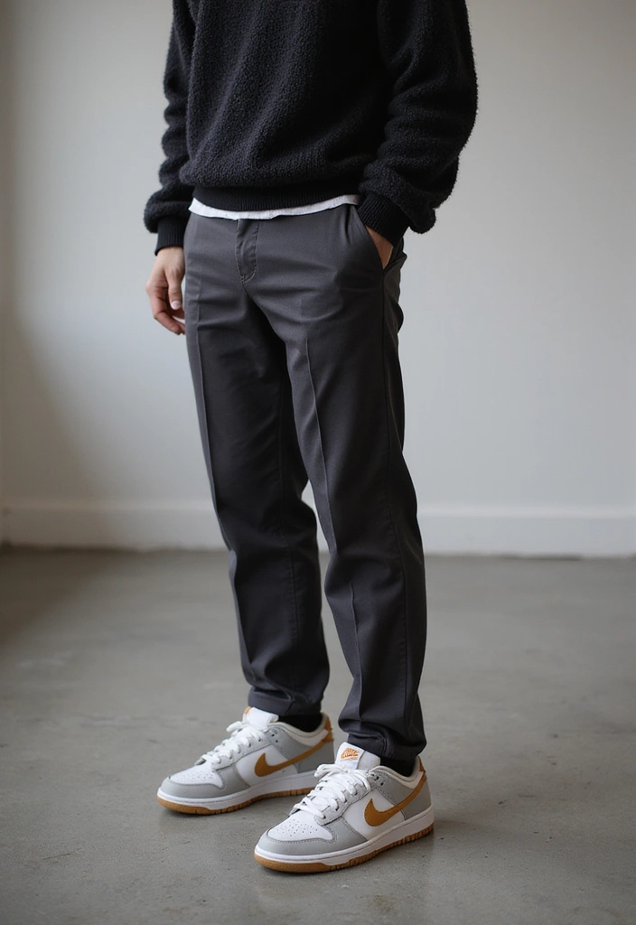 25 Chic Nike Dunks Outfit To Copy Right Now - 13. Tailored Trousers with Street Style