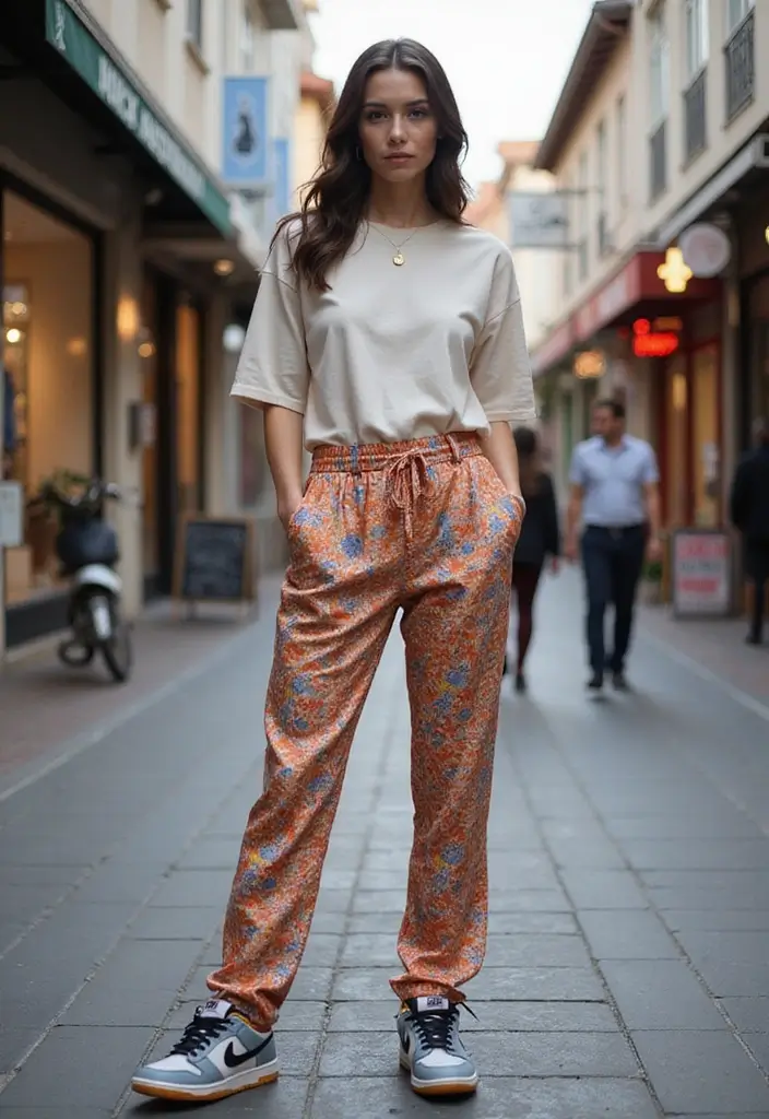 25 Chic Nike Dunks Outfit To Copy Right Now - 14. Printed Trousers and Basic Tee