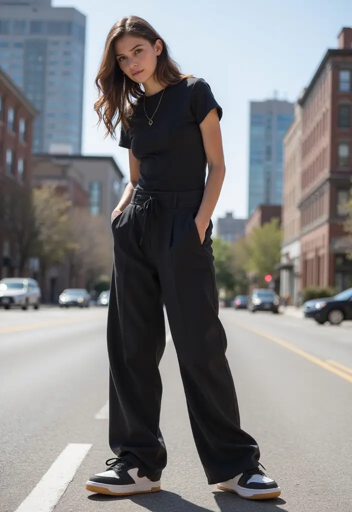 25 Chic Nike Dunks Outfit To Copy Right Now - 20. Urban Chic with Wide-Legged Pants