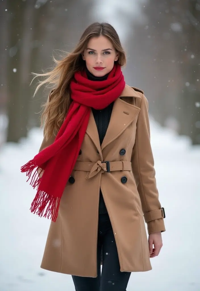 25 Chic Peacoat Womens Outfit To Copy Right Now - 11. Peacoat with a Bright Scarf