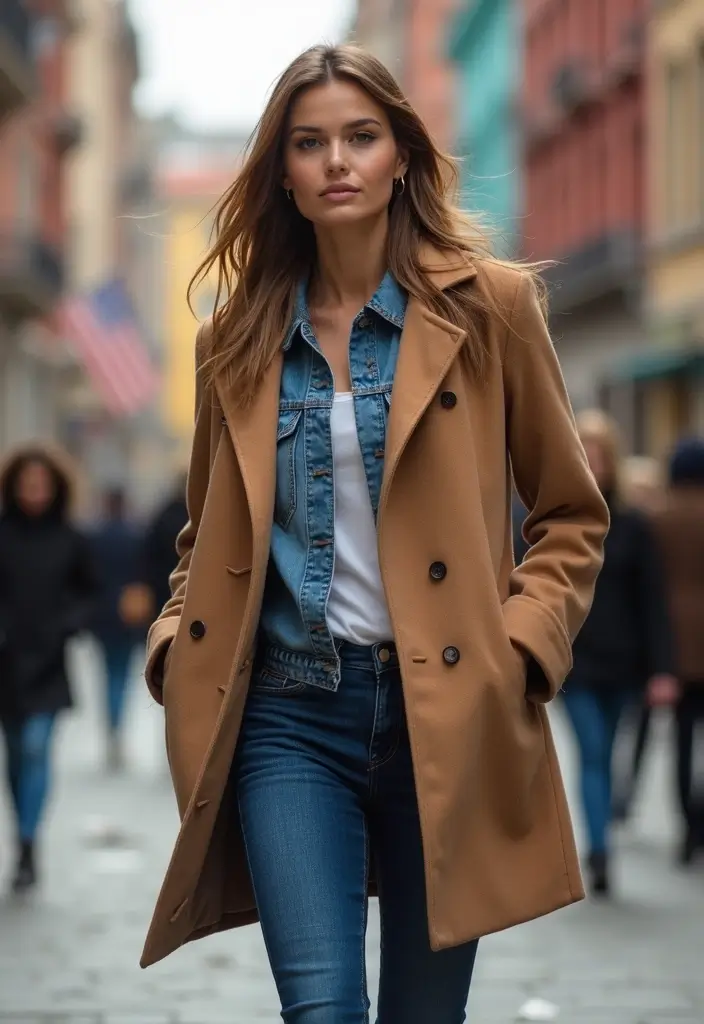 25 Chic Peacoat Womens Outfit To Copy Right Now - 16. Peacoat with Denim Jacket Layer
