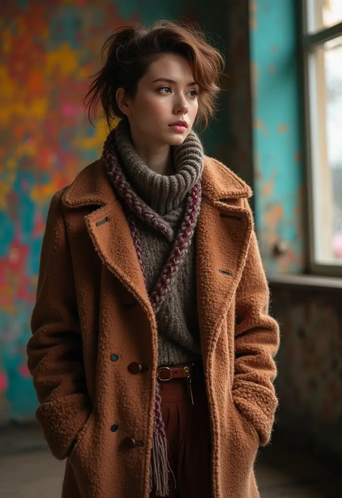 25 Chic Peacoat Womens Outfit To Copy Right Now - 19. Peacoat with Colorful Textured Layers