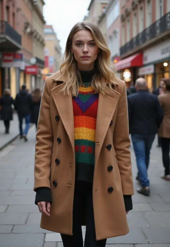 25 Chic Peacoat Womens Outfit To Copy Right Now - 21. Peacoat with a Color Block Sweater