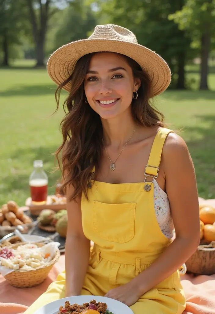 25 Picnic Outfit Ideas Styling Tips To Wear With Confidence - 23. Bright Summer Overalls