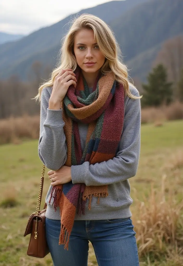 25 Stylish Grey Sweatshirt Outfit Ideas For Every Occasion - 11. Effortless Layering with a Scarf