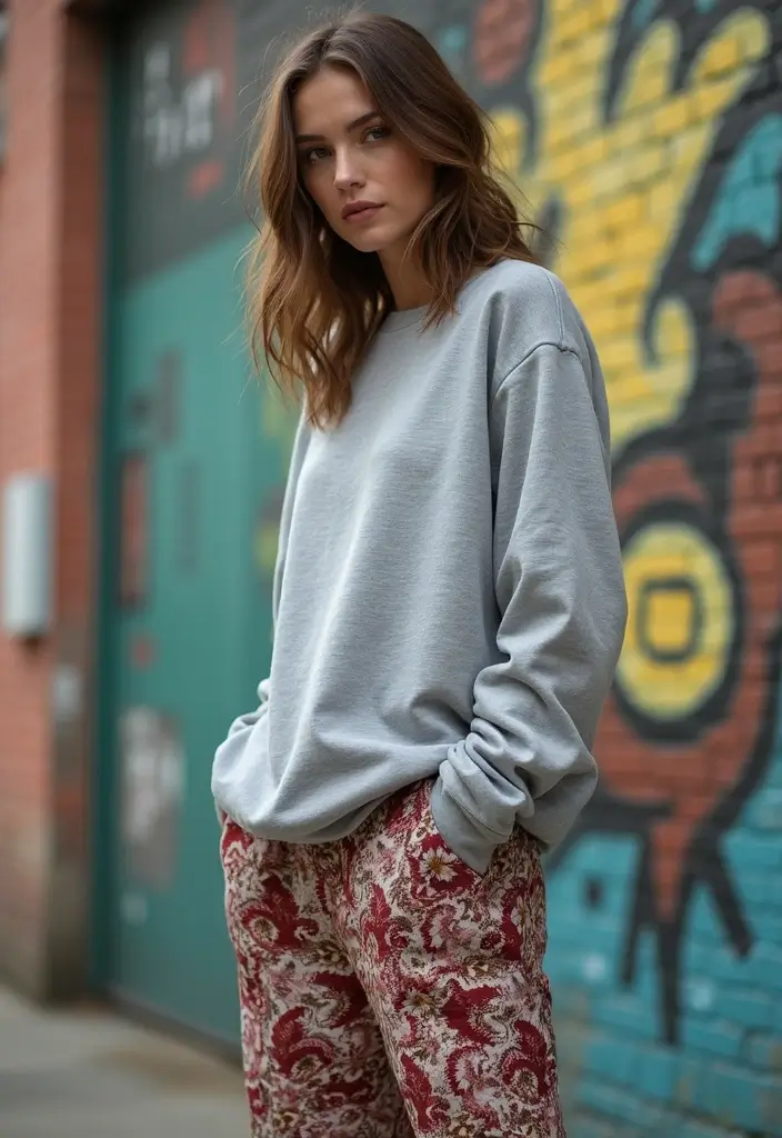 25 Stylish Grey Sweatshirt Outfit Ideas For Every Occasion - 12. Playful Prints and Patterns