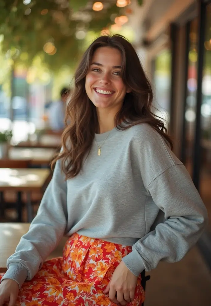 25 Stylish Grey Sweatshirt Outfit Ideas For Every Occasion - 20. Skirt it Up for a Fun Day Out