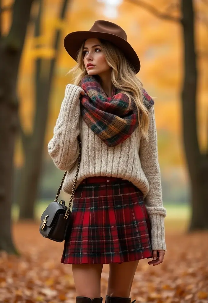 25 Stylish Skirt And Boots Outfits For Every Occasion - 21. Tartan Skirt with Riding Boots