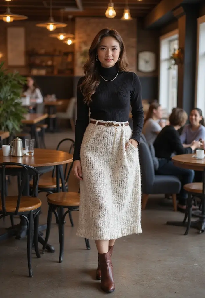 25 Stylish Skirt And Boots Outfits For Every Occasion - 25. Knit Midi Skirt with Contemporary Boots