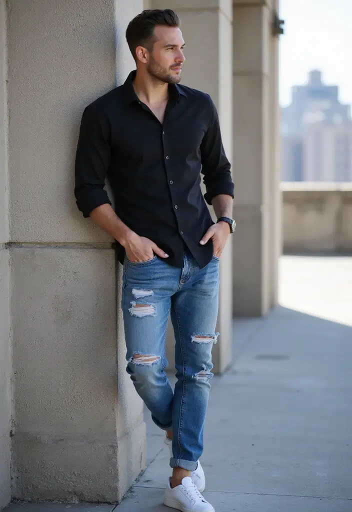 26 Camisas Negras Hombre Outfit Inspirations For Real Life - 1. Casual Vibes with Distressed Denim