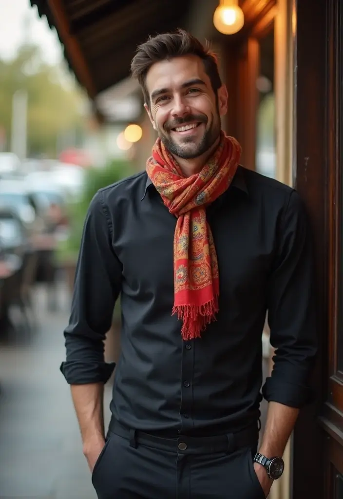 26 Camisas Negras Hombre Outfit Inspirations For Real Life - 13. Smart Casual with a Scarf