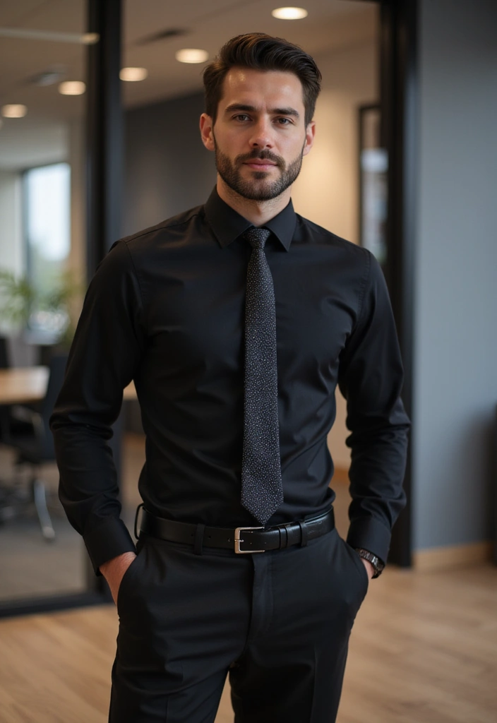 26 Camisas Negras Hombre Outfit Inspirations For Real Life - 17. Office Ready with a Tie