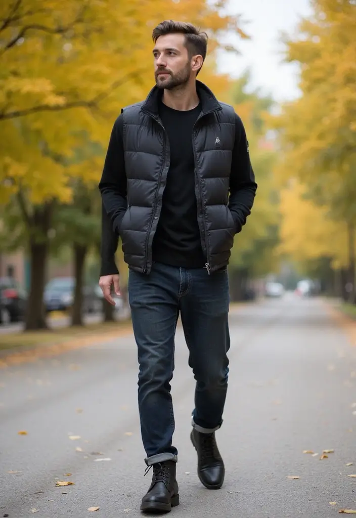 26 Camisas Negras Hombre Outfit Inspirations For Real Life - 20. Smart Casual with a Puffer Vest