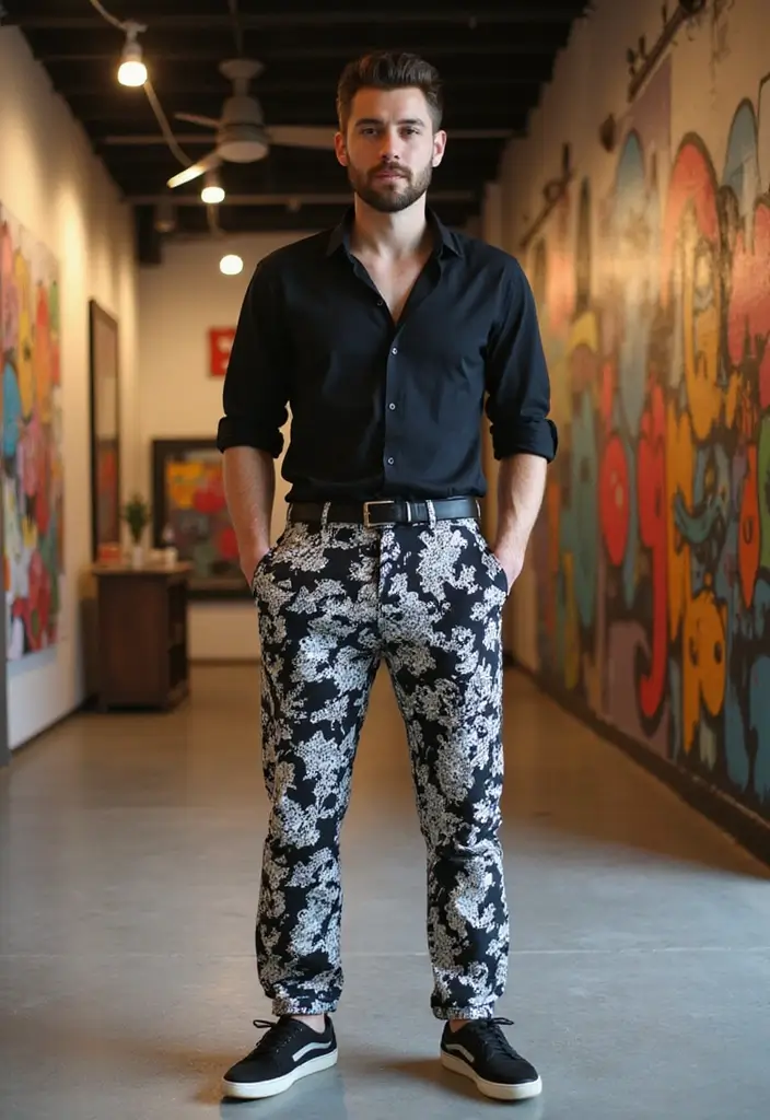 26 Camisas Negras Hombre Outfit Inspirations For Real Life - 22. Quirky with Printed Pants