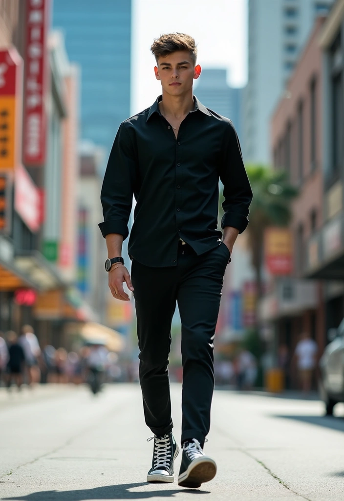 26 Camisas Negras Hombre Outfit Inspirations For Real Life - 23. Urban Chic with High-Top Sneakers