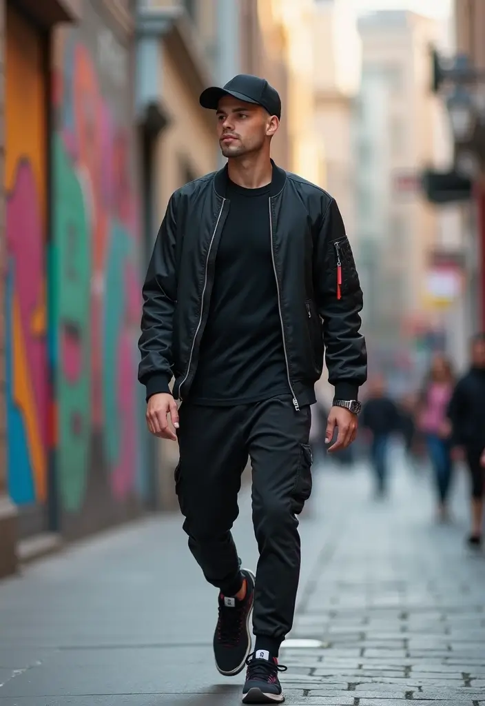 26 Camisas Negras Hombre Outfit Inspirations For Real Life - 3. Street Style with Bomber Jacket