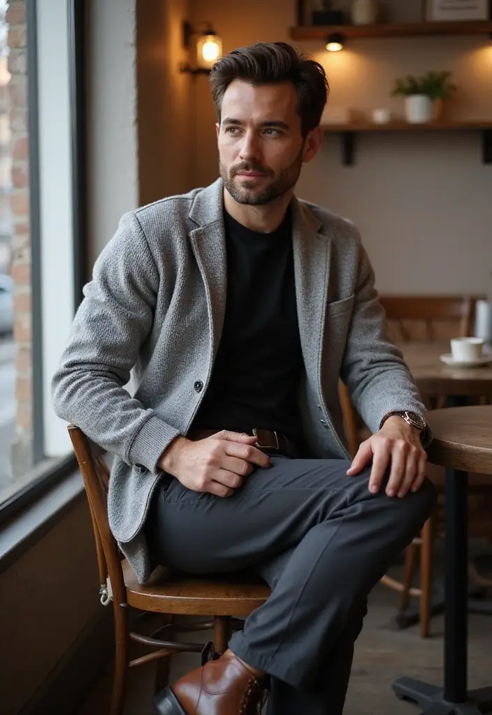 26 Camisas Negras Hombre Outfit Inspirations For Real Life - 5. Layering with a Cardigan