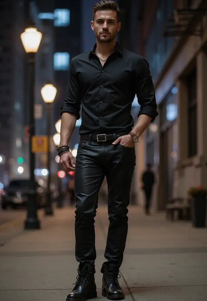 26 Camisas Negras Hombre Outfit Inspirations For Real Life - 7. Edgy Style with Leather Pants