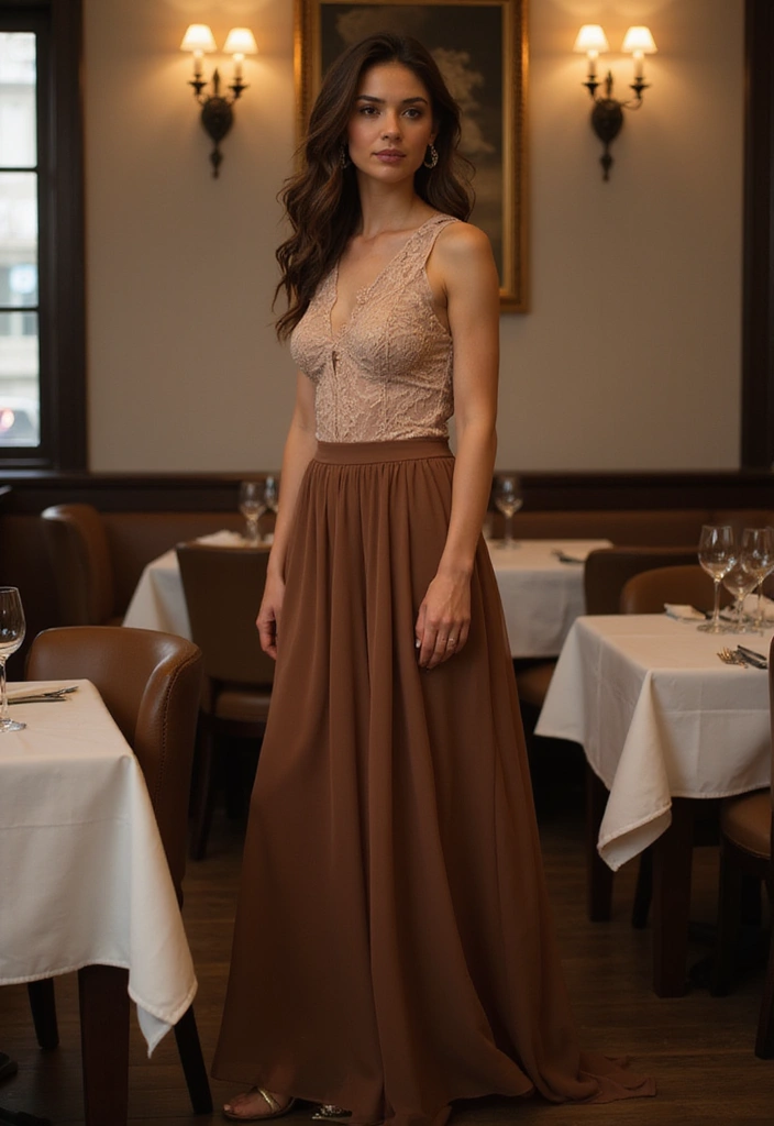 26 Long Brown Skirt Outfit Ideas That Flatter Every Figure - 15. Romantic Evening with a Brown Chiffon Skirt