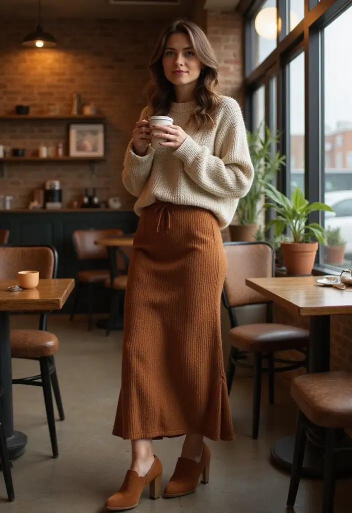 26 Long Brown Skirt Outfit Ideas That Flatter Every Figure - 16. Cozy Layering with a Brown Knit Skirt