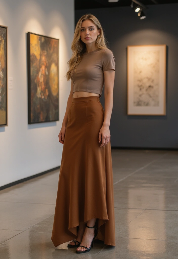 26 Long Brown Skirt Outfit Ideas That Flatter Every Figure - 18. Modern Look with a Brown Asymmetrical Skirt