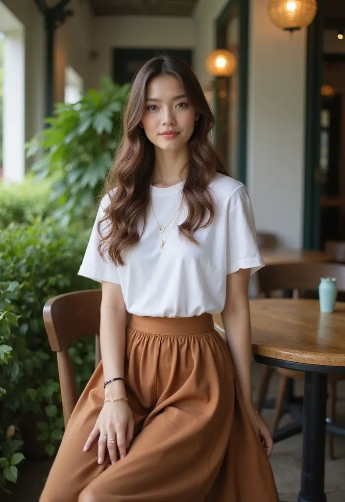 26 Long Brown Skirt Outfit Ideas That Flatter Every Figure - 19. Classic Touch with a Brown Silk Skirt