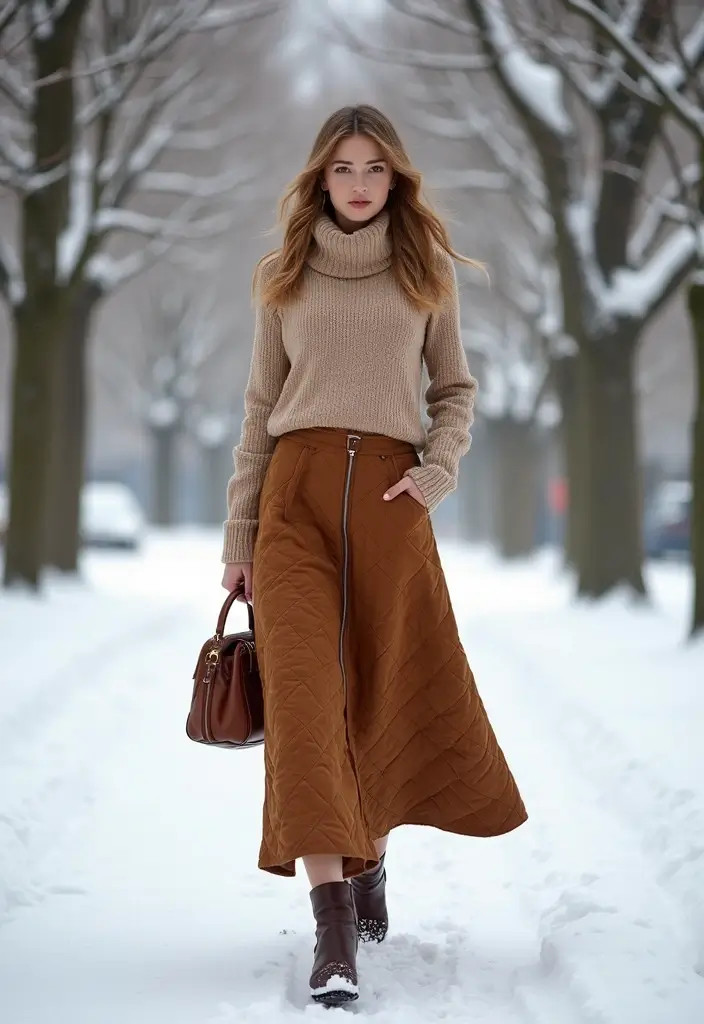 26 Long Brown Skirt Outfit Ideas That Flatter Every Figure - 22. Chic Layering with a Brown Quilted Skirt