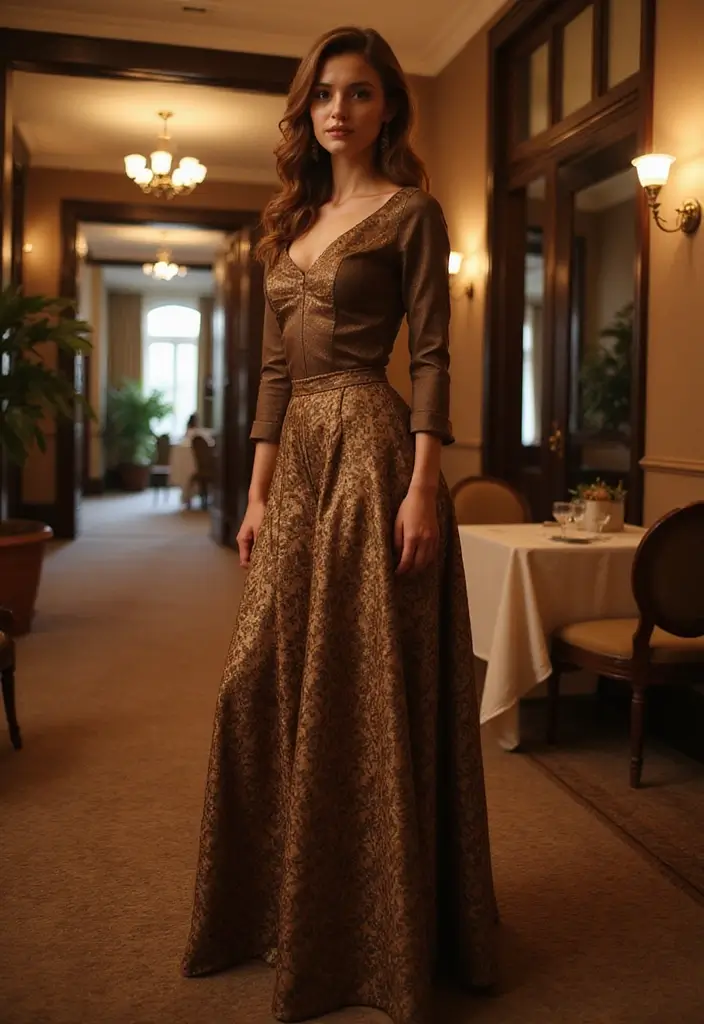 26 Long Brown Skirt Outfit Ideas That Flatter Every Figure - 23. Elegant Evening with a Brown Brocade Skirt