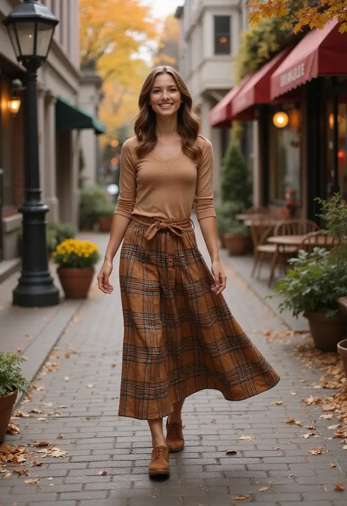 26 Long Brown Skirt Outfit Ideas That Flatter Every Figure - 26. Playful Style with a Brown Plaid Skirt