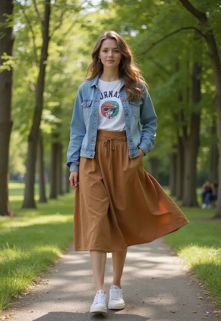 26 Long Brown Skirt Outfit Ideas That Flatter Every Figure - 3. Sporty Look with a Brown Midi Skirt