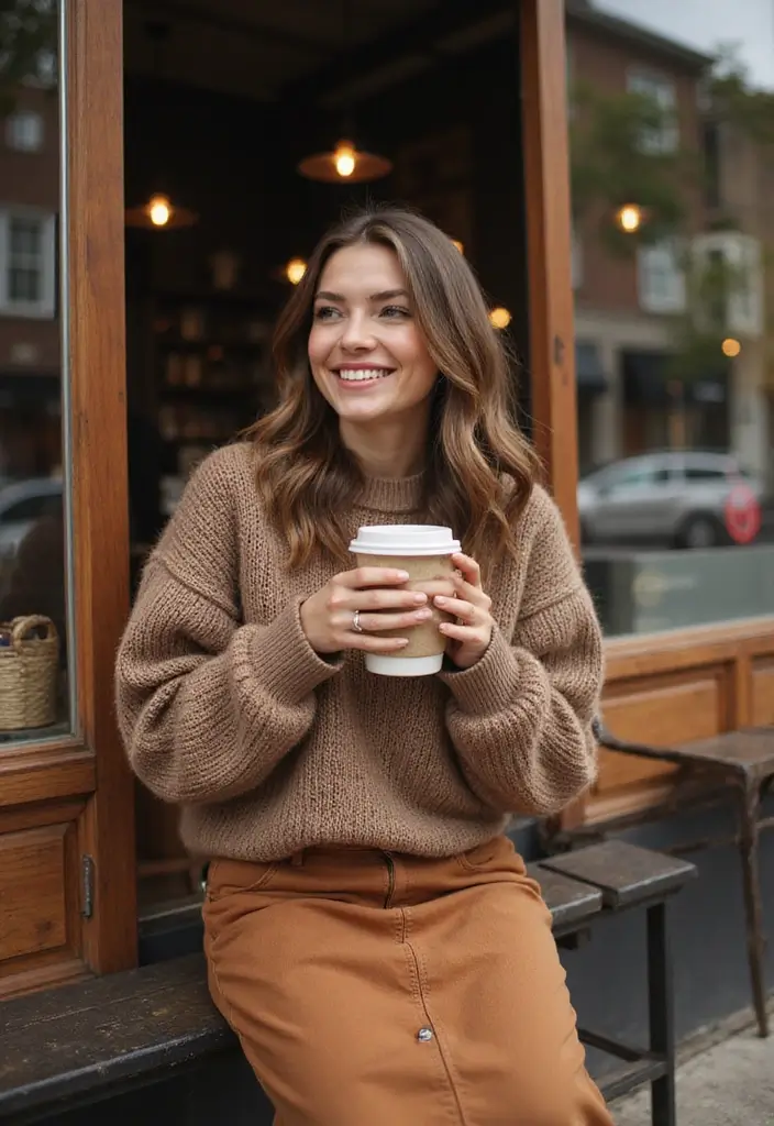 26 Long Brown Skirt Outfit Ideas That Flatter Every Figure - 5. Casual Day with a Brown Denim Skirt