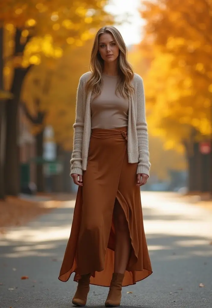 26 Long Brown Skirt Outfit Ideas That Flatter Every Figure - 7. Layered Look with a Brown Wrap Skirt