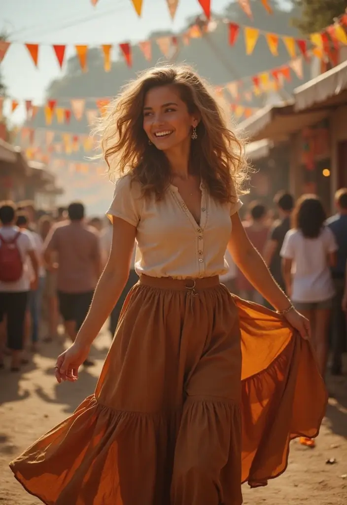 26 Long Brown Skirt Outfit Ideas That Flatter Every Figure - 9. Festival Vibes with a Brown Tiered Skirt