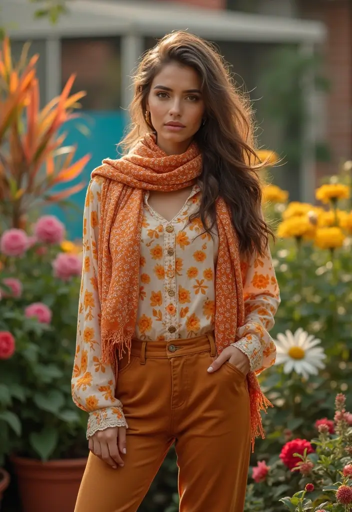 26 Outfit Brown Pants Styling Tips To Wear With Confidence - 16. Style with a Printed Scarf