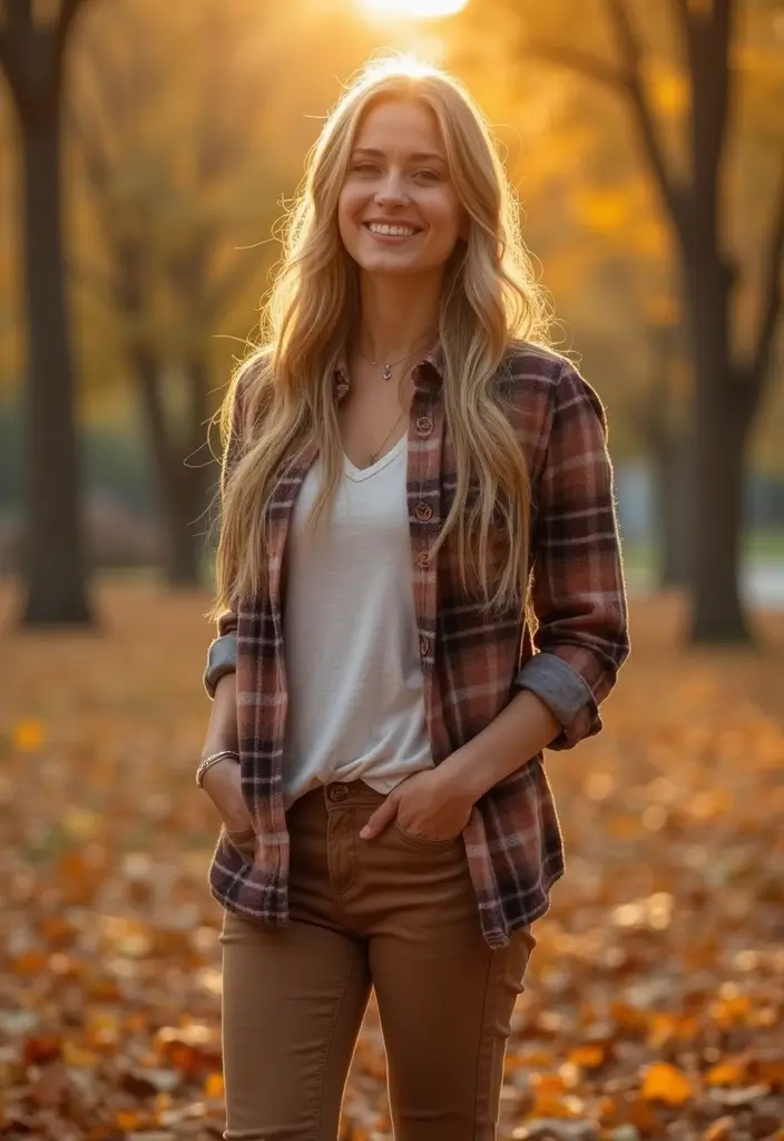 26 Outfit Brown Pants Styling Tips To Wear With Confidence - 20. Dress Down with Flannel