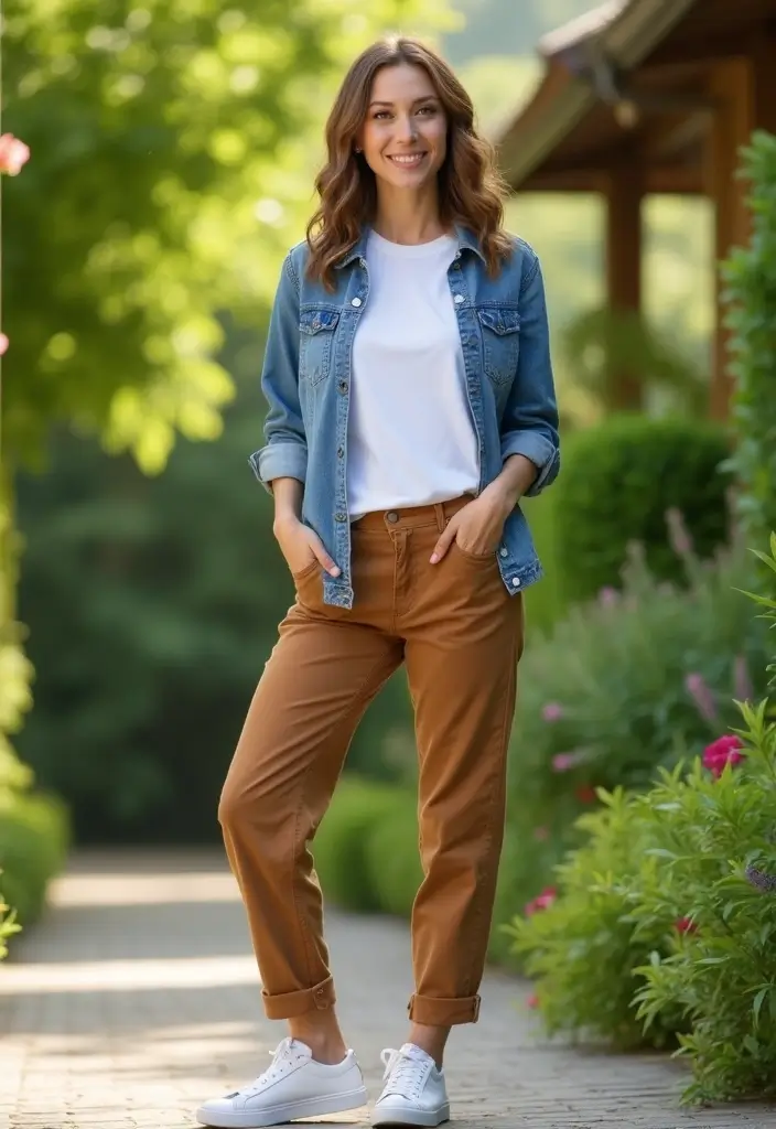 26 Outfit Brown Pants Styling Tips To Wear With Confidence - 3. Add a White Tee for Casual Vibes