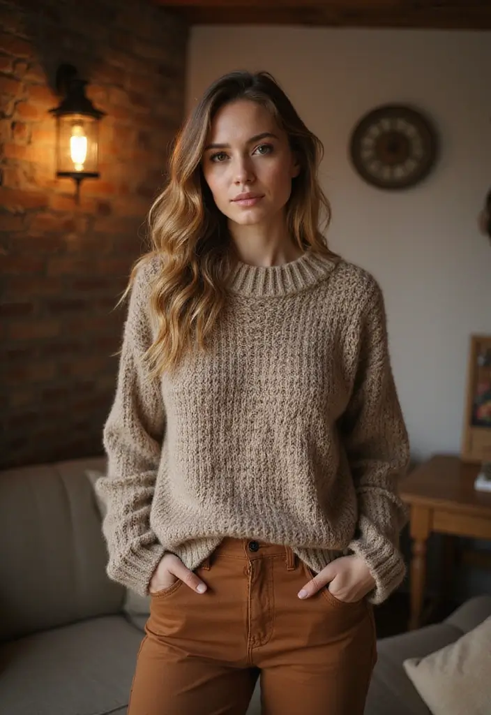 26 Outfit Brown Pants Styling Tips To Wear With Confidence - 8. Chunky Knit Sweaters