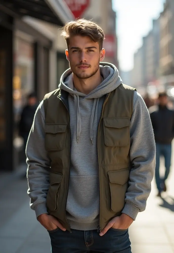 27 Must-Try Bad Boy Outfit Combos This Season - 6. Utility Vest Over Hoodies