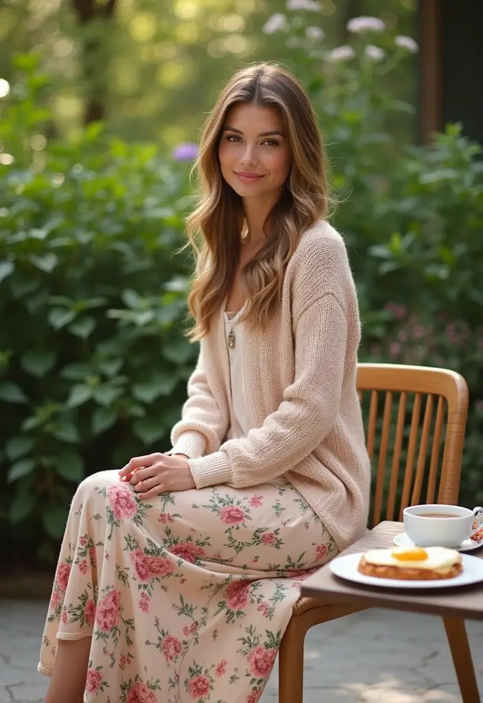 27 Must-Try Outfit Para Desayuno Combos This Season - 1. Cozy Knit Sweater & Floral Maxi Skirt