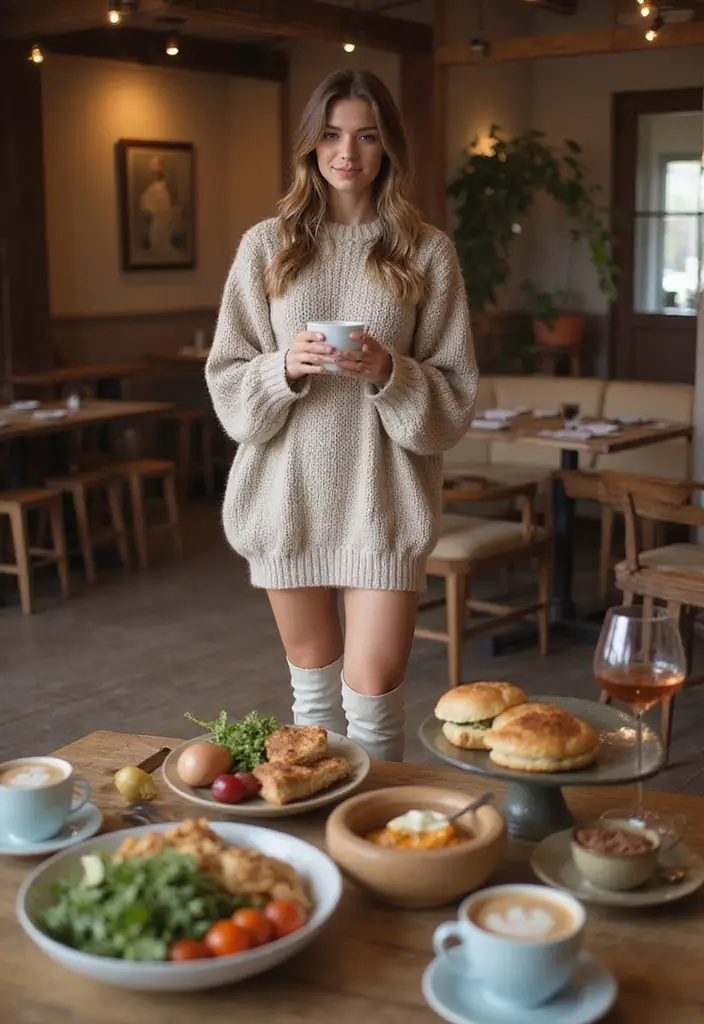 27 Must-Try Outfit Para Desayuno Combos This Season - 12. Sweater Dress & Knee-High Boots