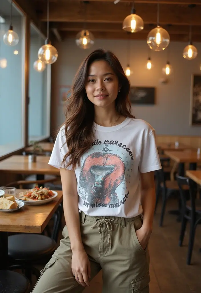 27 Must-Try Outfit Para Desayuno Combos This Season - 16. Graphic Tee & Cargo Pants