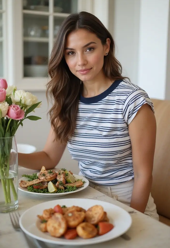 27 Must-Try Outfit Para Desayuno Combos This Season - 19. Chino Pants & Breton Stripe Top