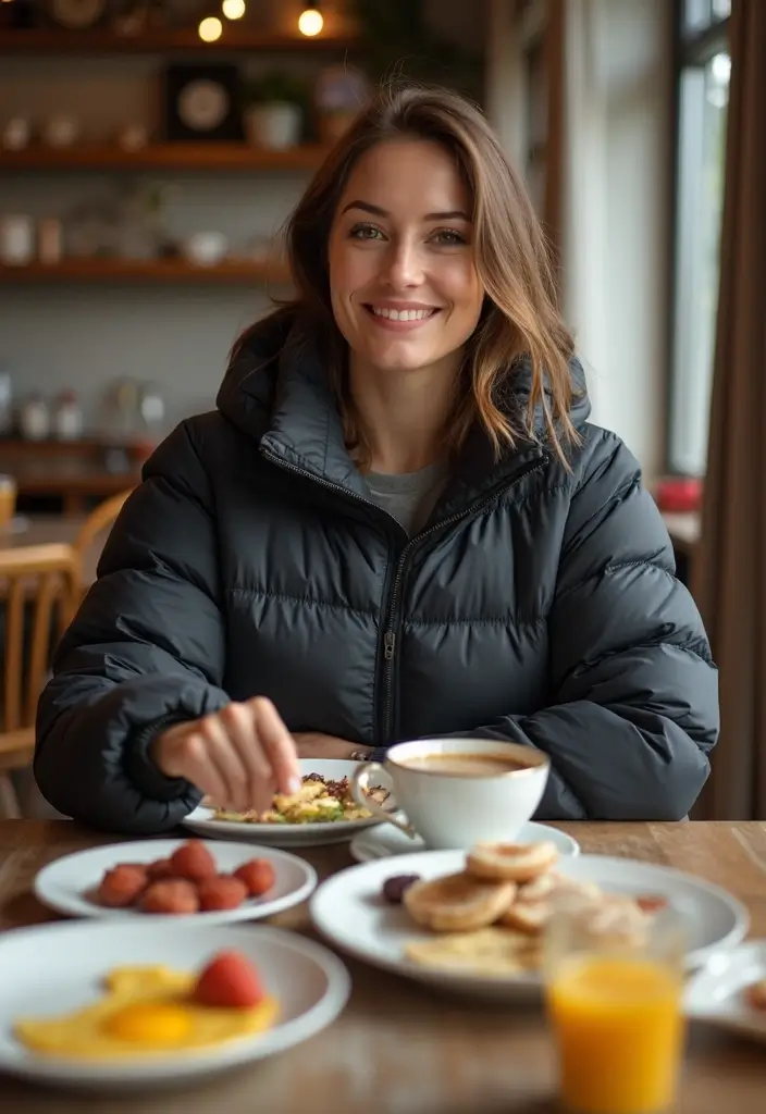 27 Must-Try Outfit Para Desayuno Combos This Season - 25. Puffer Jacket & Joggers