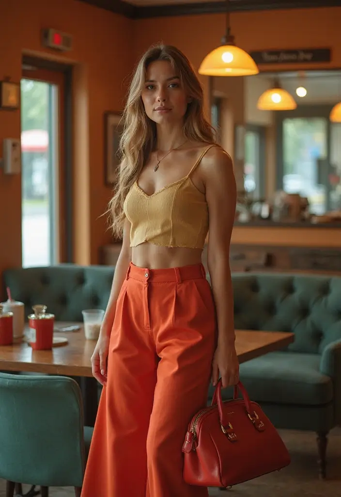 27 Trendy Red Bag Outfit To Refresh Your Closet - 23. Flared Pants Era