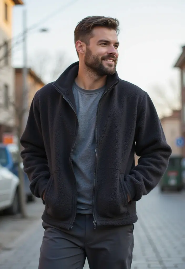 28 Chic Boy Outfit Ideas To Copy Right Now - 14. Cozy Fleece Jacket with Track Pants