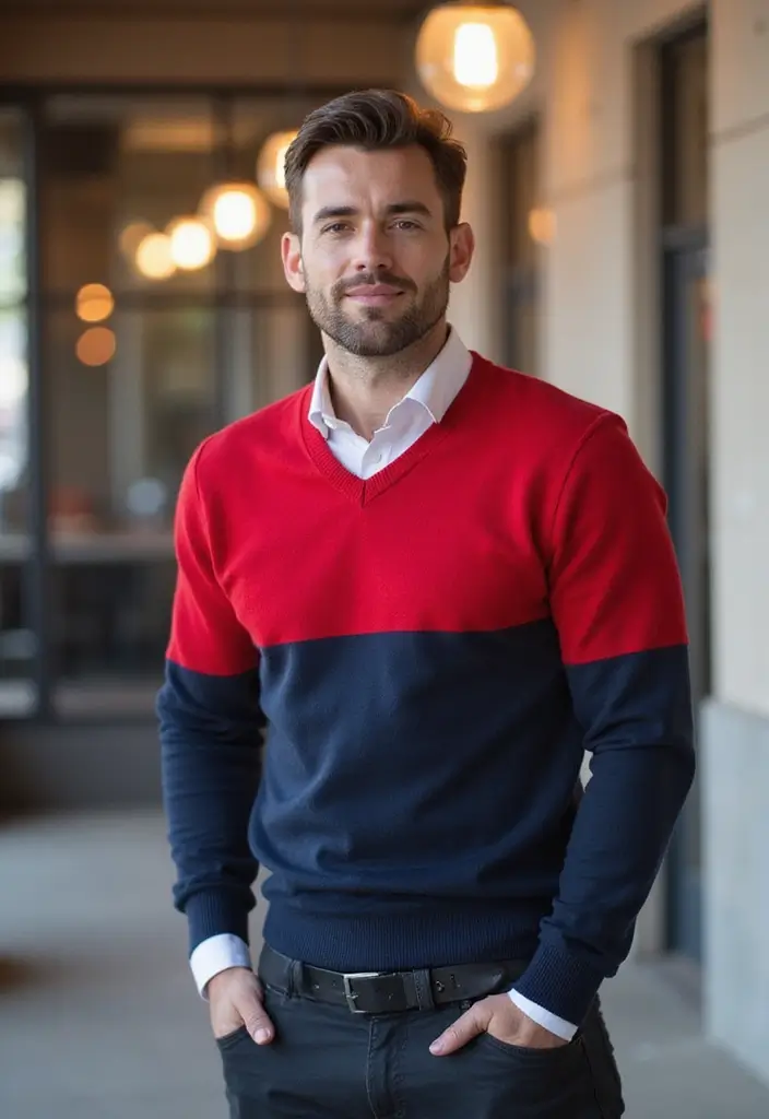 28 Chic Boy Outfit Ideas To Copy Right Now - 16. Bold Color Block Sweater and Slim Fit Pants