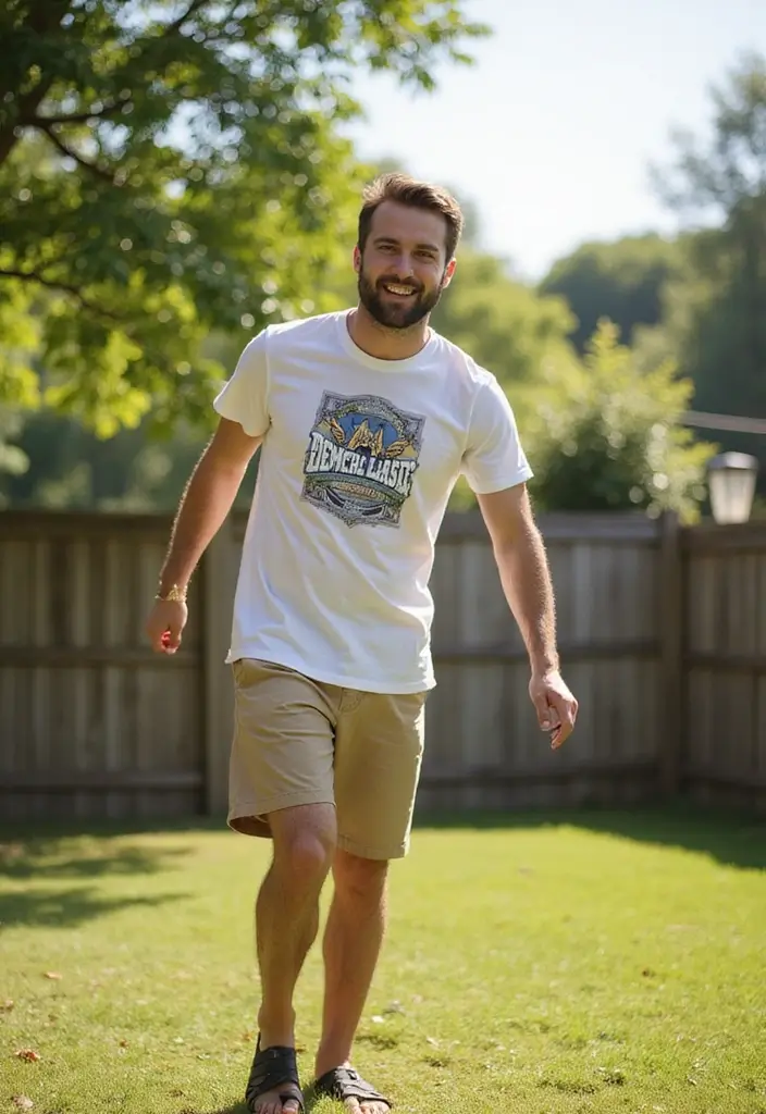 28 Chic Boy Outfit Ideas To Copy Right Now - 17. Graphic Short-Sleeve Shirt and Khaki Shorts