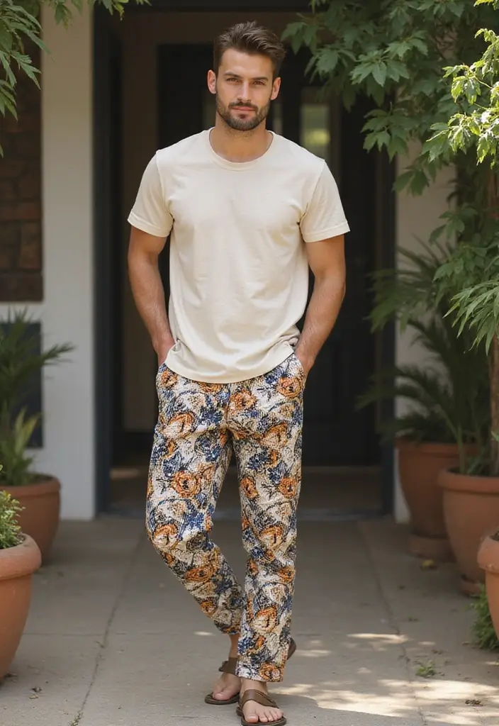 28 Chic Boy Outfit Ideas To Copy Right Now - 19. Patterned Trousers with Solid Tee
